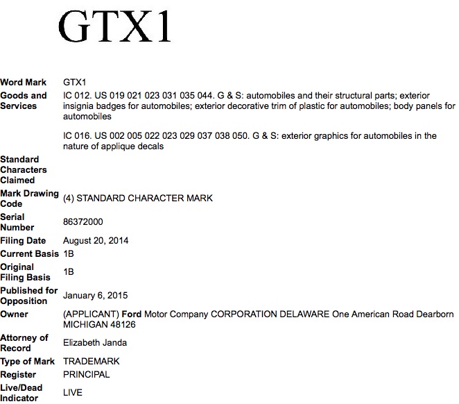 Ford GTX1 trademark application USPTO