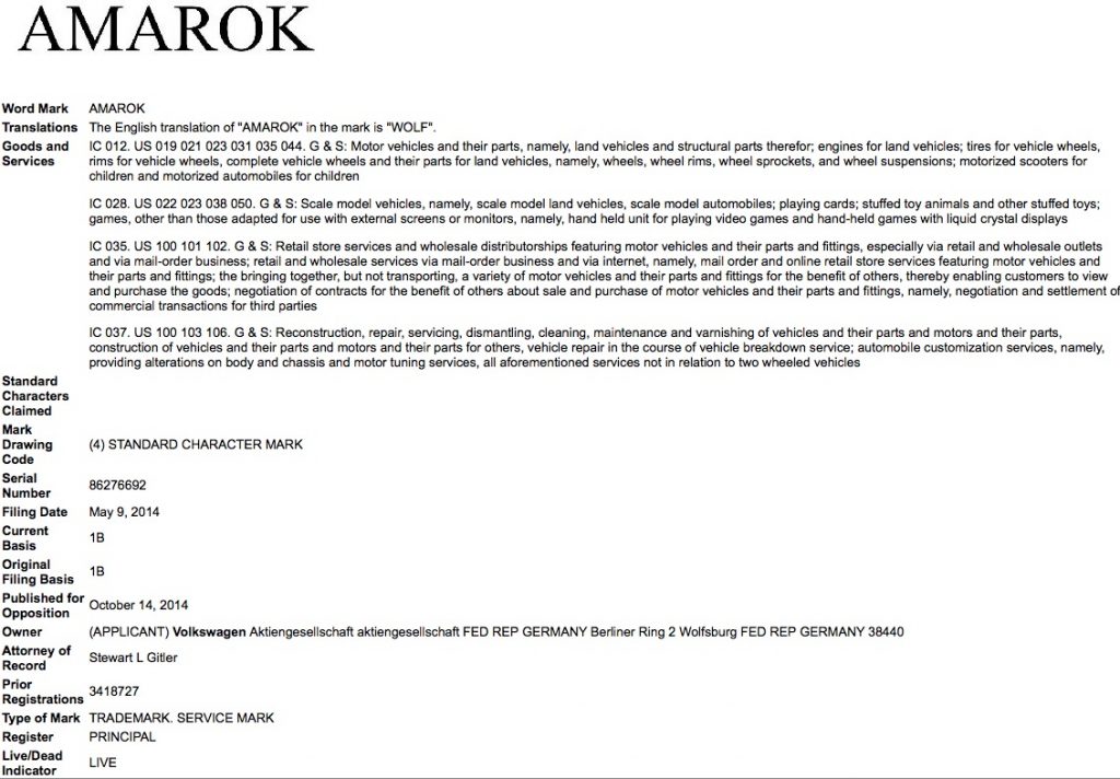 VW's second USPTO application for the Amarok name. Click image to expand