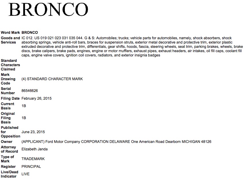 Ford Bronco February 26, 2015 Trademark Application