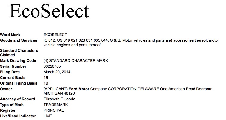 Ford's trademark filing for EcoSelect with the USPTO