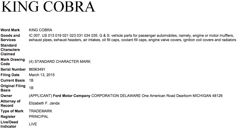 Ford King Cobra Trademark Application