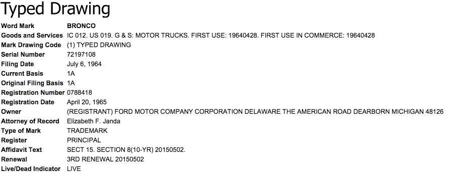 Ford Bronco Typed Drawing Trademark USPTO originally filed in 1964